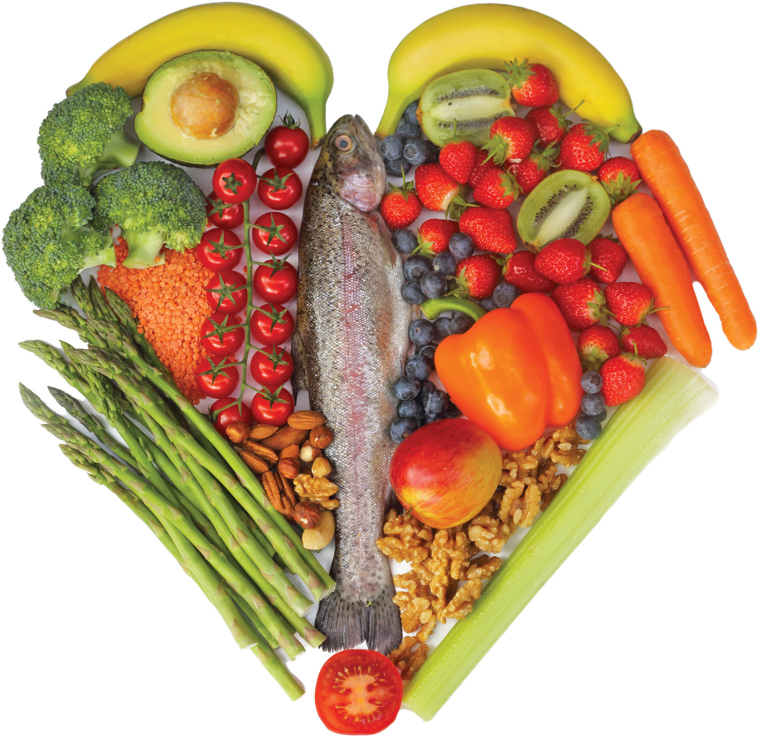 photo of healthy foods arranged in the shape of a heart