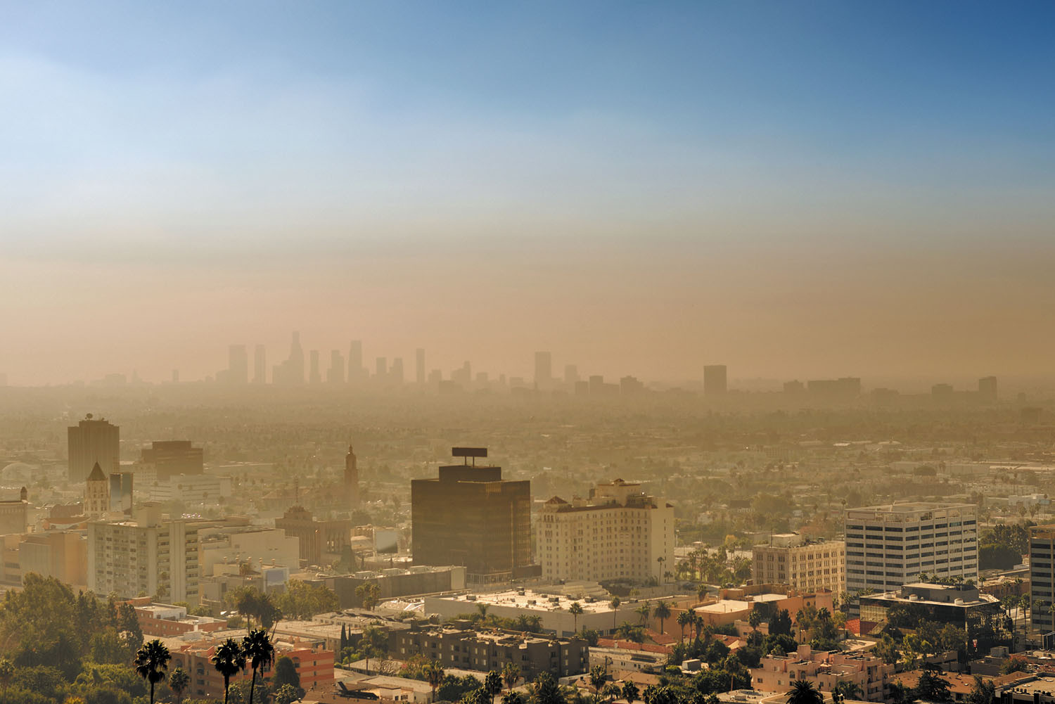 photo of a city with smog hanging over it