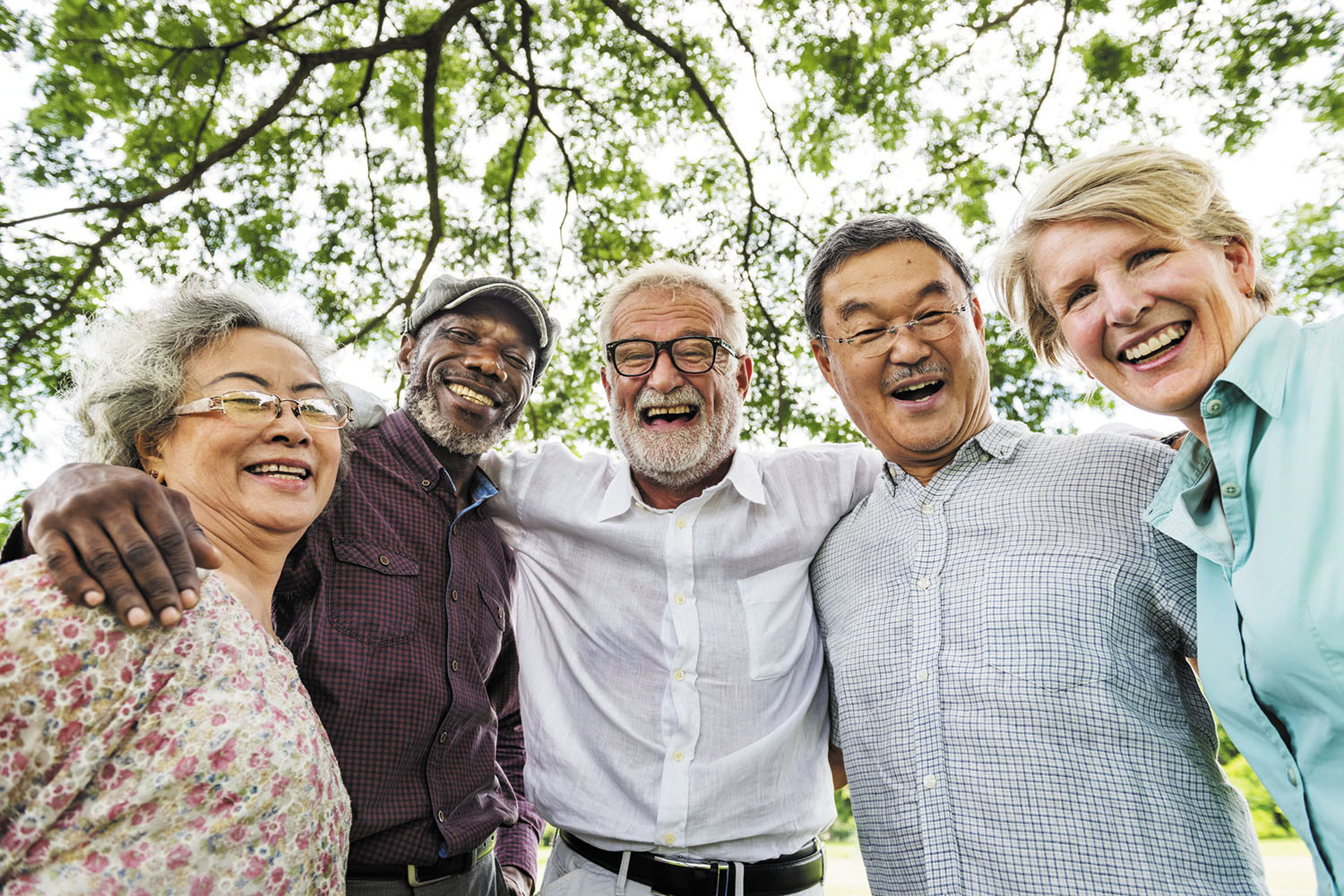 photo of a group of five older adults standing in a line with arms around each other, smiling into the camera