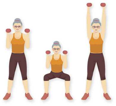 illustration of a woman performing a thruster exercise, which is a squat plus an overhead press with hand weights
