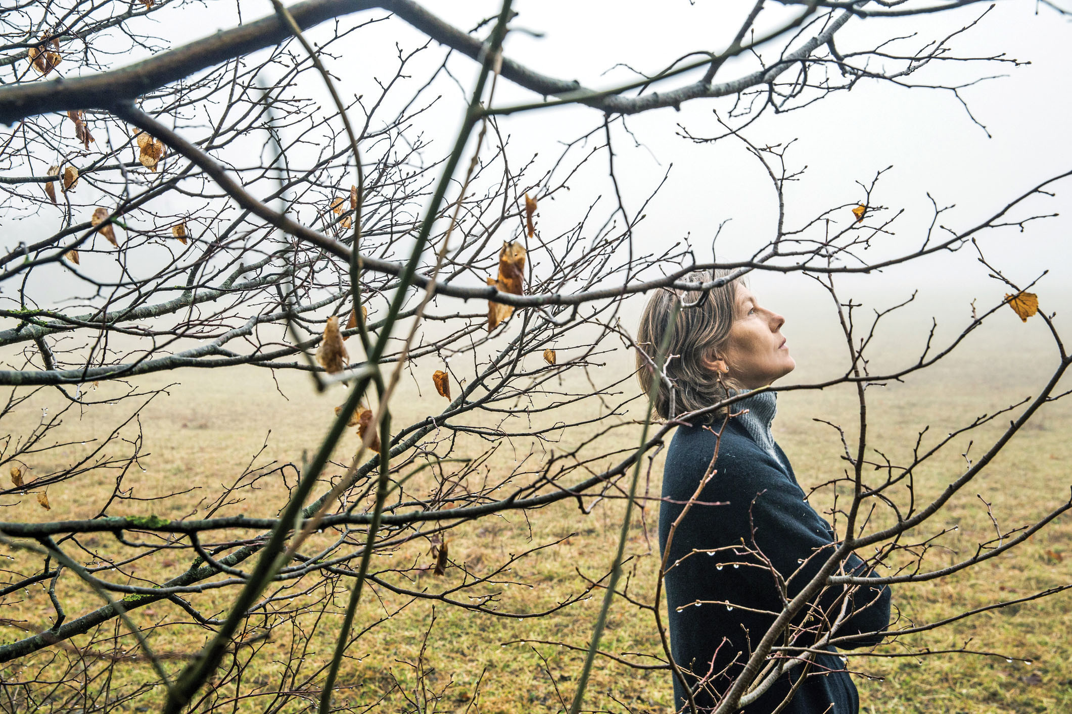 photo of a woman outside on a gray and foggy day, standing next to a bare tree and looking pensive