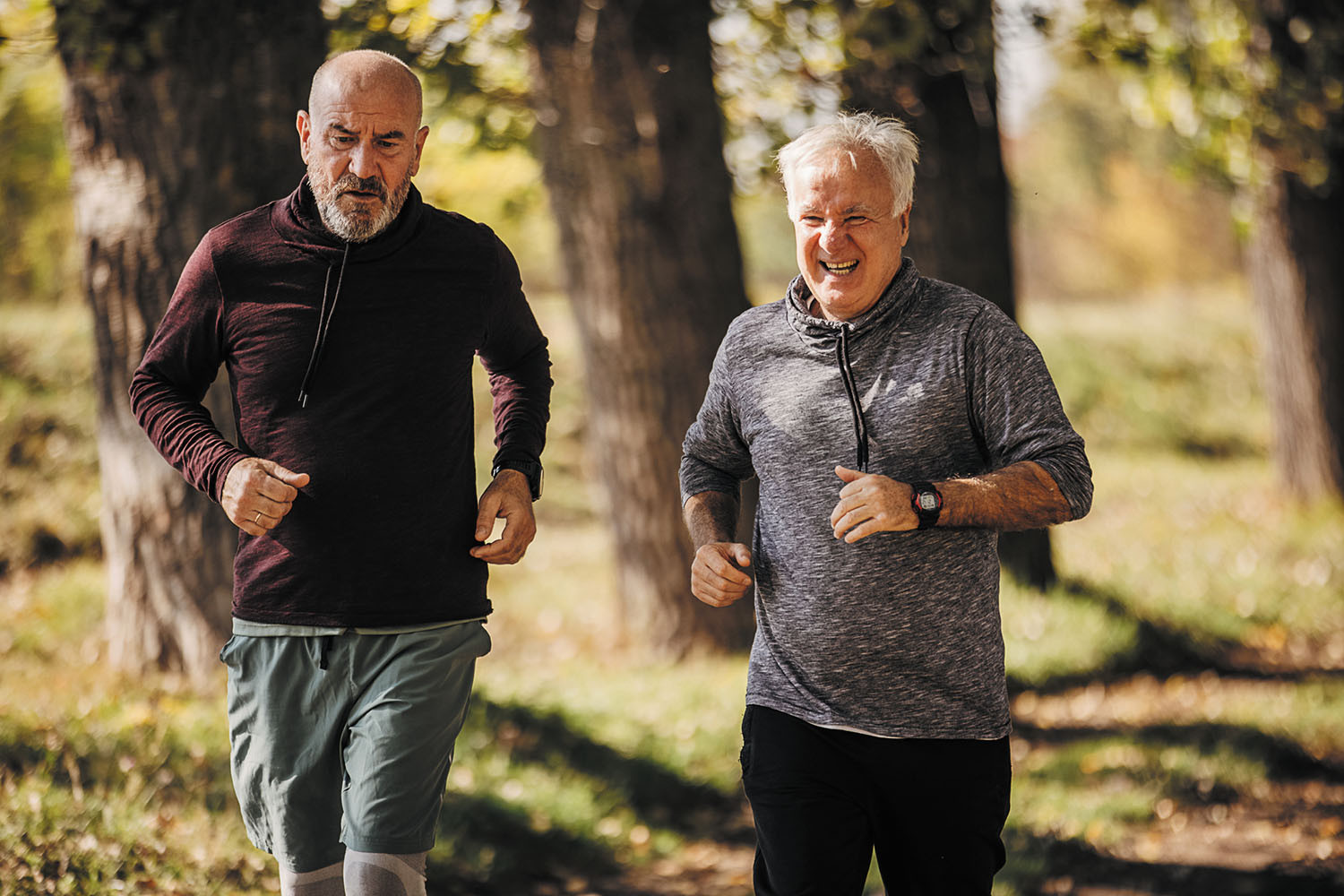 photo of two mature men jogging in a wooded area