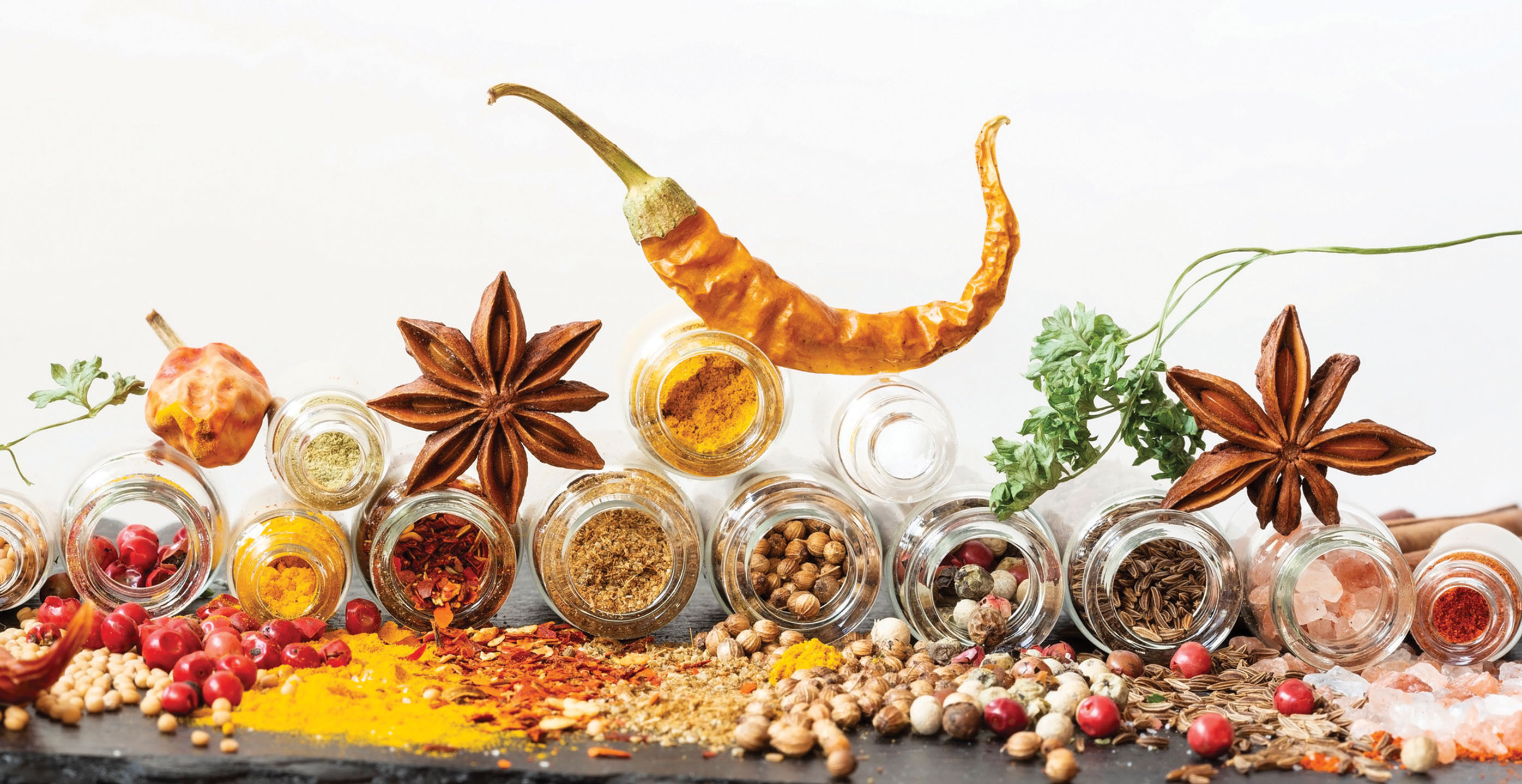 photo of a row of jars containing a variety of spices; the jars are positioned on their sides, with their top openings facing the camera