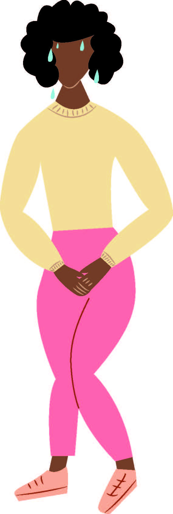 illustration of a woman holding her legs together and her hands in front of her pelvic area, having bladder discomfort