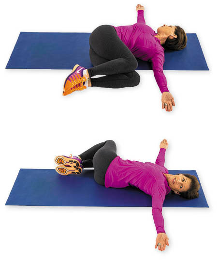 photo of a woman performing both steps of the double knee torso rotation exercise as described in the article text