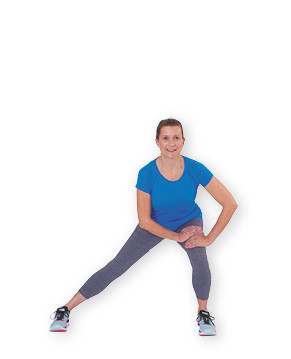 photo of a woman performing the first part of the side lunge with knee lift exercise as described in the article