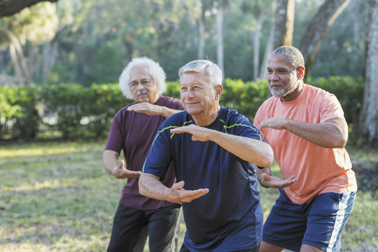 photo of three mature men practicing tai chi outdoors