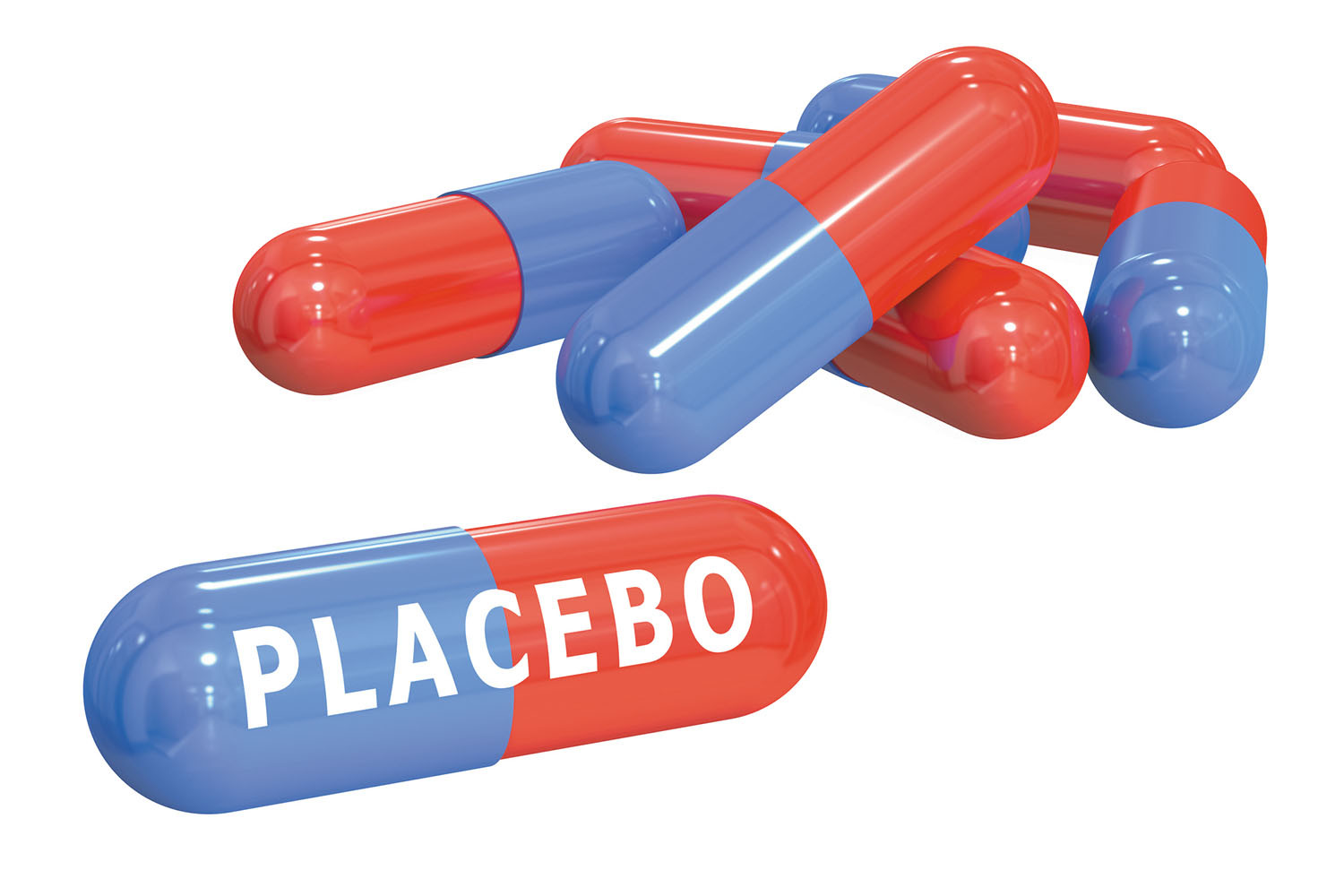 illustration of red and blue medication capsules with one in front labeled placebo in white letters