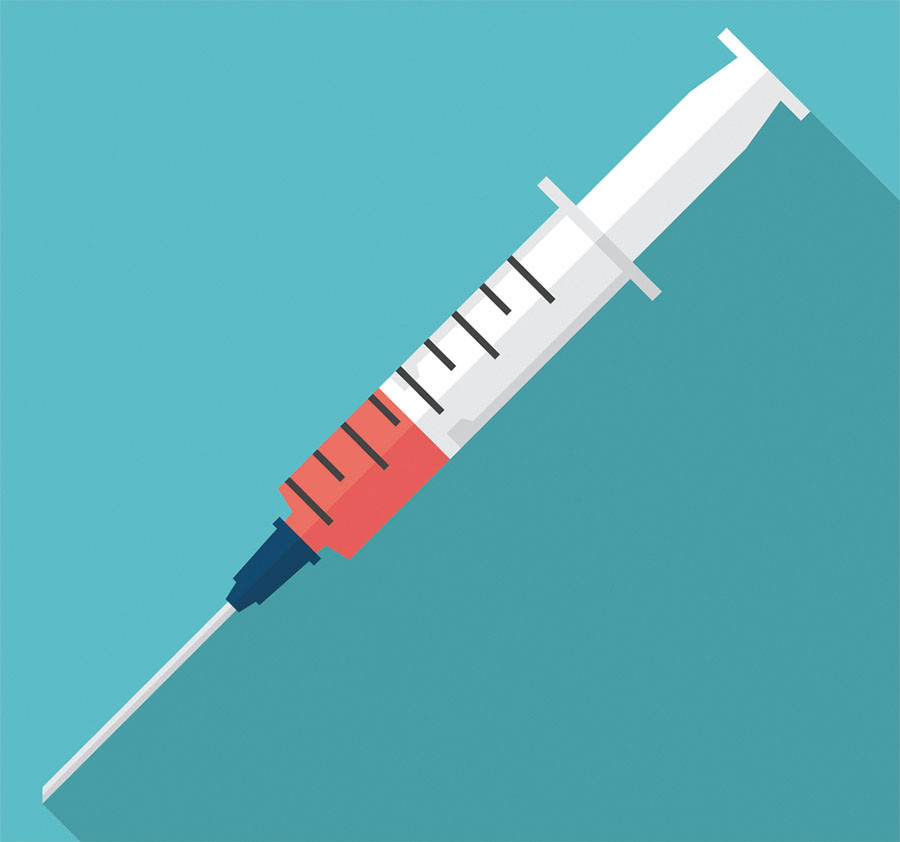 illustration of a syringe containing a small quantity of a red liquid, against a blue background