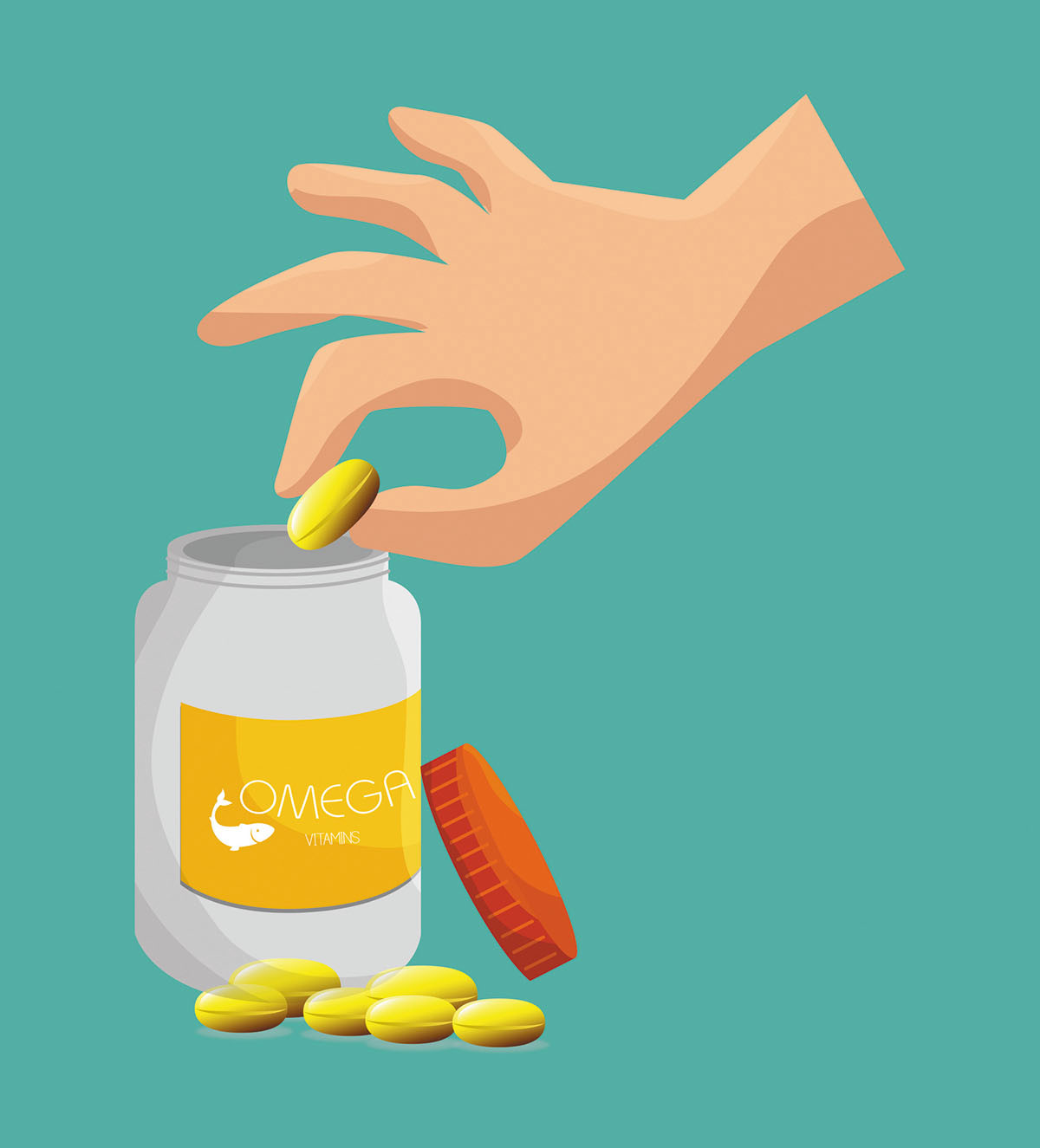 illustration of a hand taking a yellow pill from a bottle of supplements