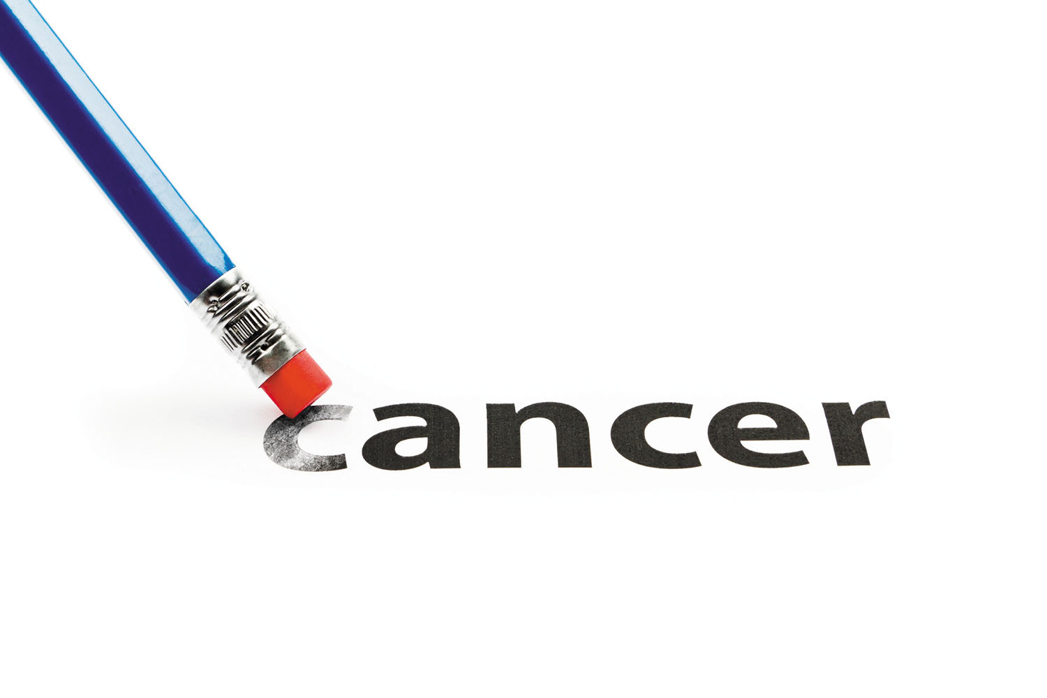 illustration of the word cancer being erased from the first C by a red pencil eraser on a blue pencil