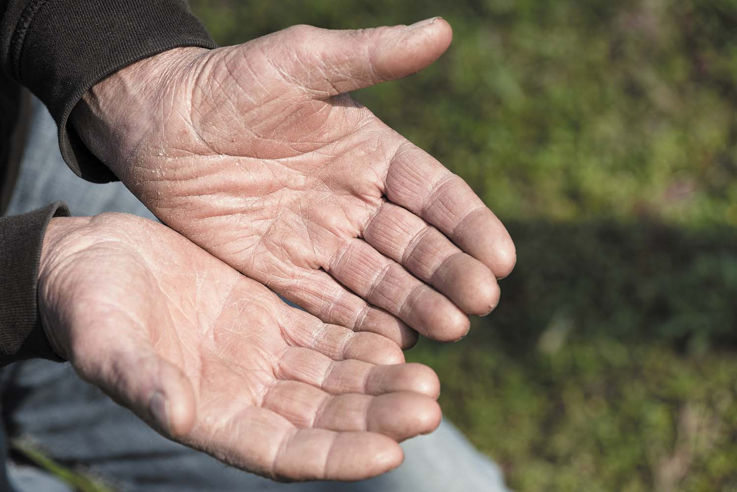 close-up photo of a man holding out his hands with the palms up