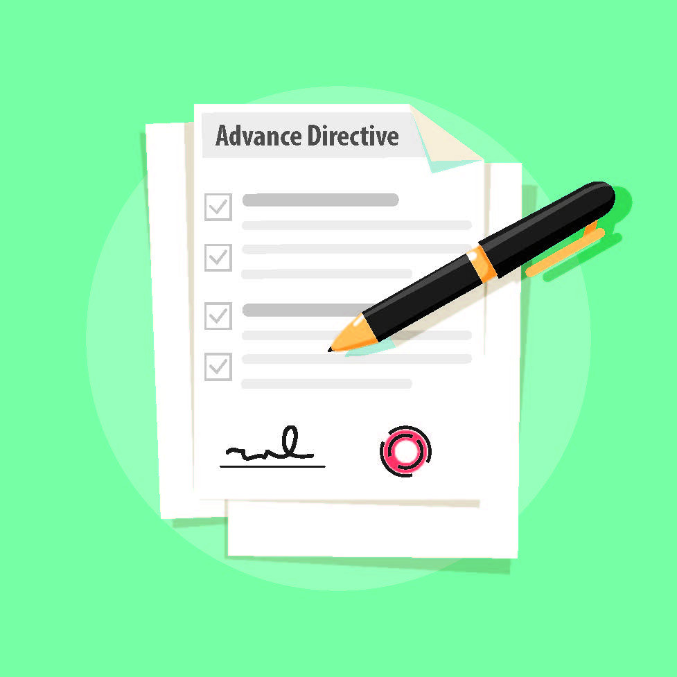 illustration representing an advance care directive document with a pen resting on it