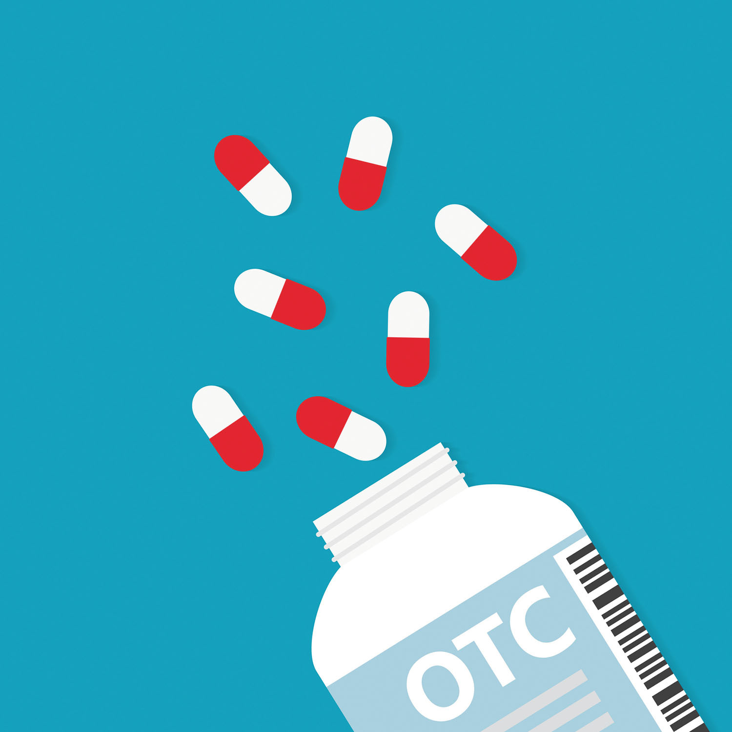 illustration of a pill bottle labeled OTC with seven red and white pills spilling out of it