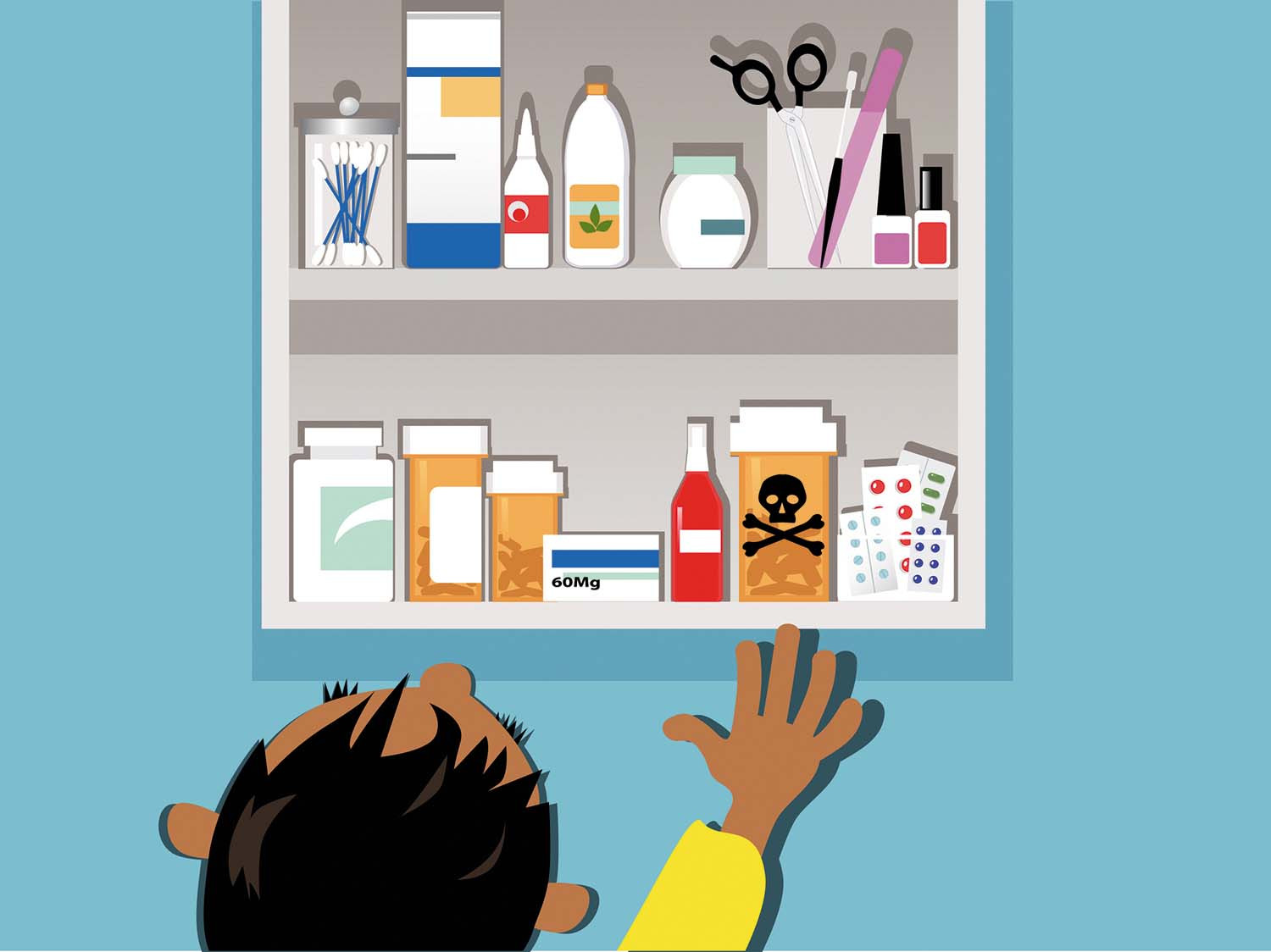illustration of an open medicine cabinet with a child reaching up toward it