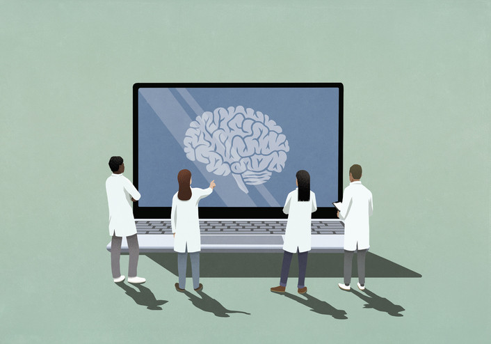 Graphic showing 4 small scientists in white coats viewed from behind looking at a large computer screen with an image of the brain; background is light green