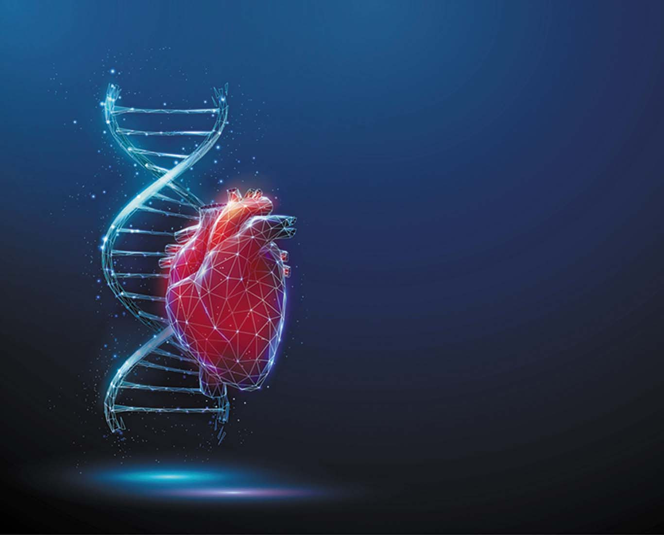 illustration of a heart in front of a DNA strand on a dark blue background