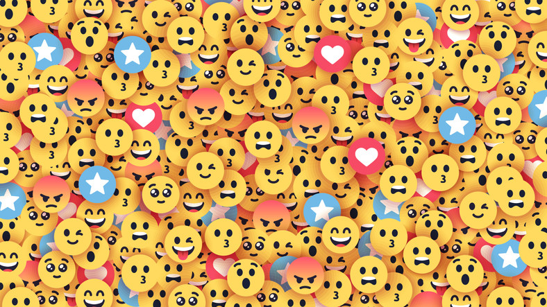 Overlapping, crowded emojis looking worried, suprised, uncertain, upset, happy, etc, in bright yellow, black, & shades of red
