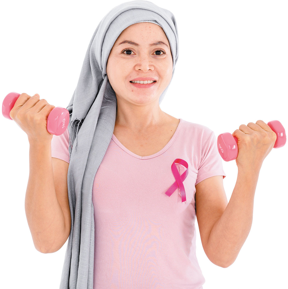 photo of a woman who has undergone breast cancer treatment lifting hand weights