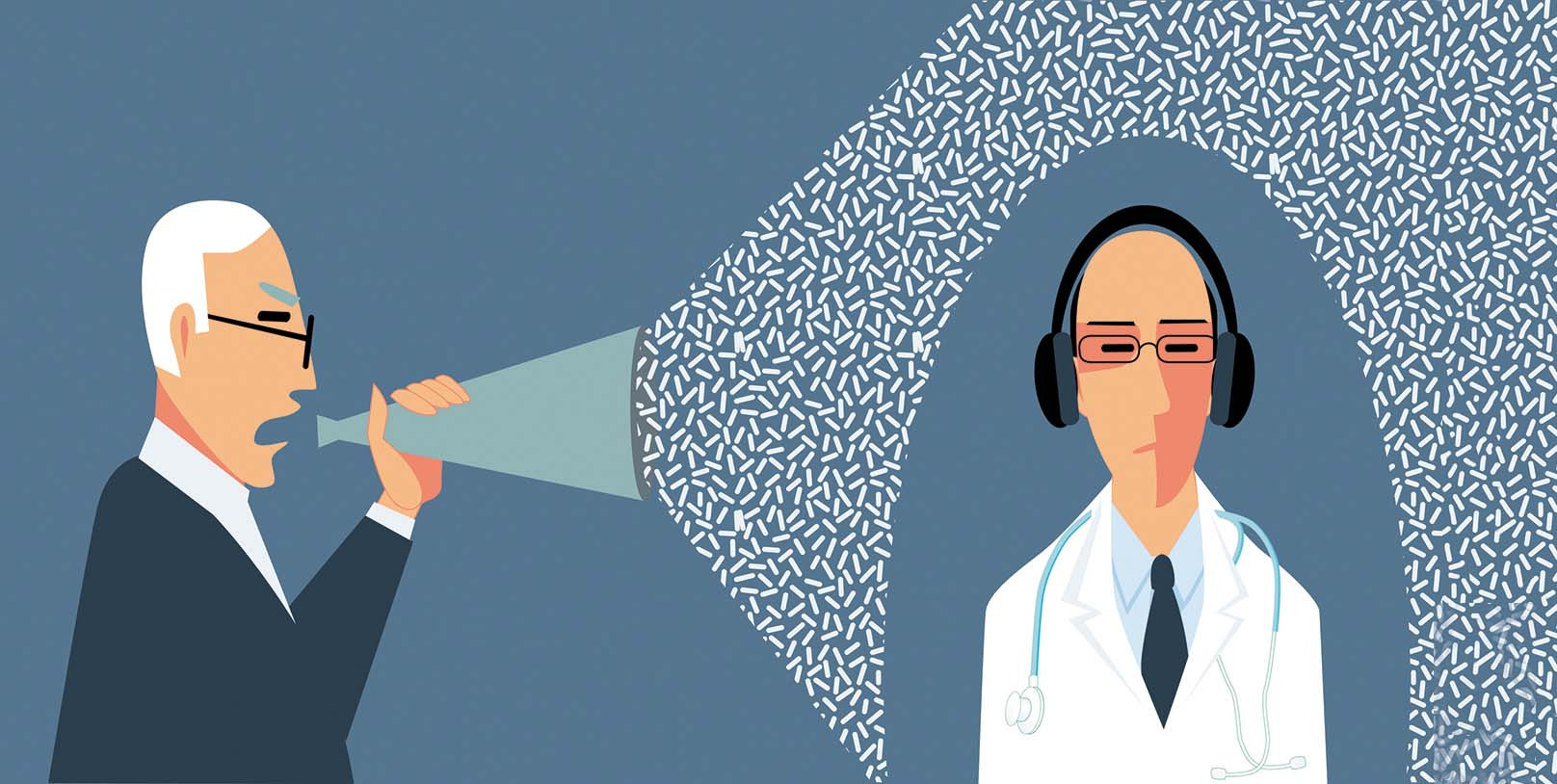 illustration of two people, one is holding a megaphone and speaking; the other is wearing a white coat and headphones, with white lines emerging from the megaphone and moving around the other person's head