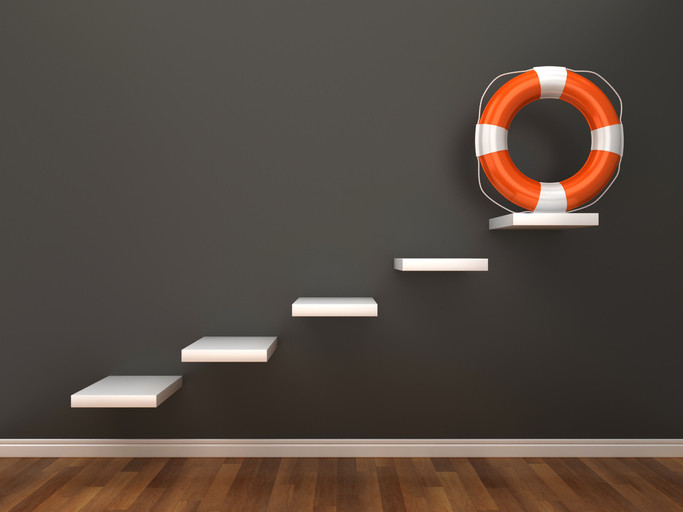 a room with 5 white steps leading up to an orange-and-white striped life preserver against a dark background; concept is steps toward changing problem gambling
