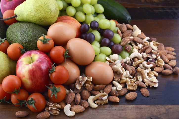 Healthy Diet with fresh fruit, eggs, nuts and vegetables.