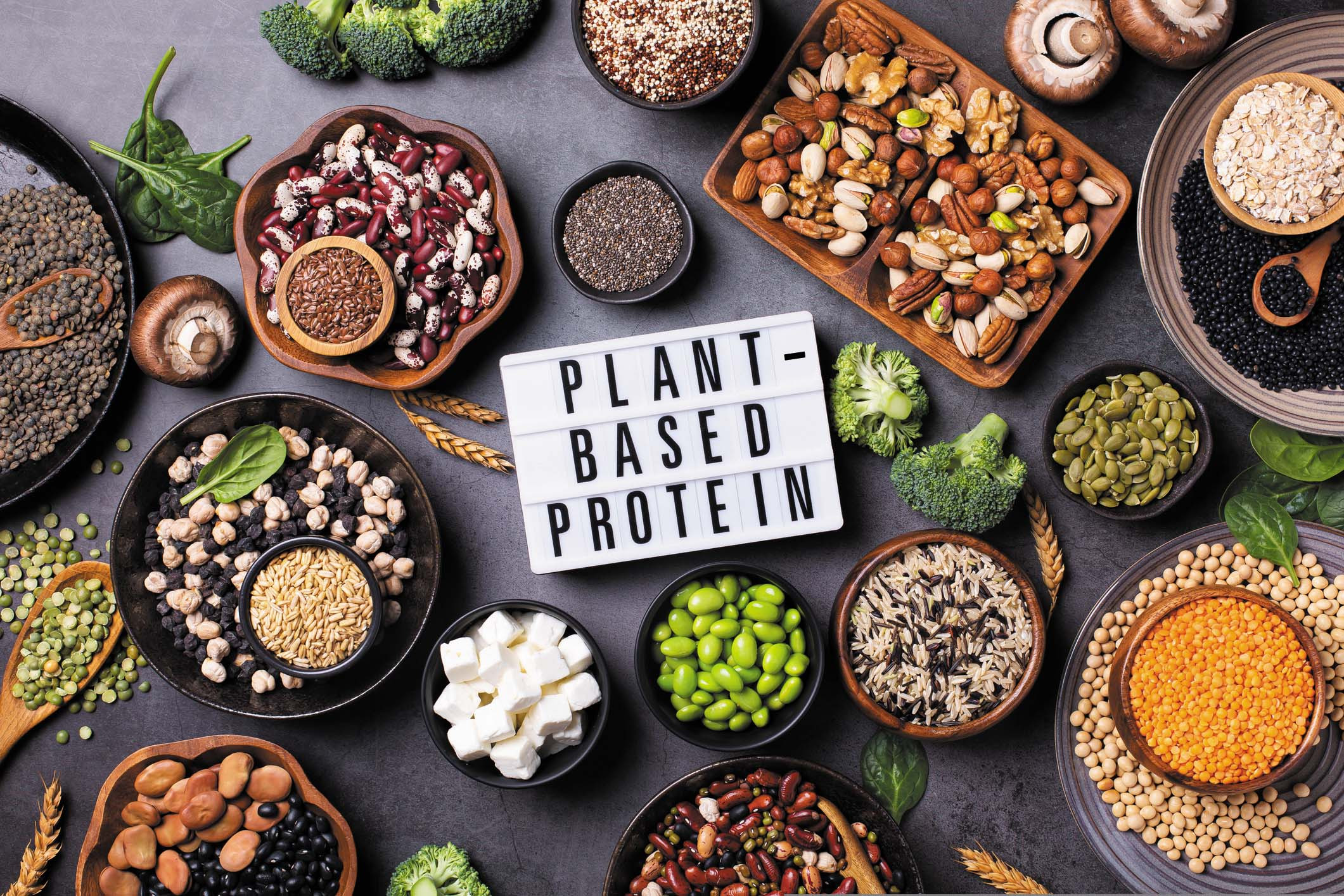 photo from above of an assortment of plant-based foods arranged in various types of dishes and bowls, with a sign in the center reading plant-based protein