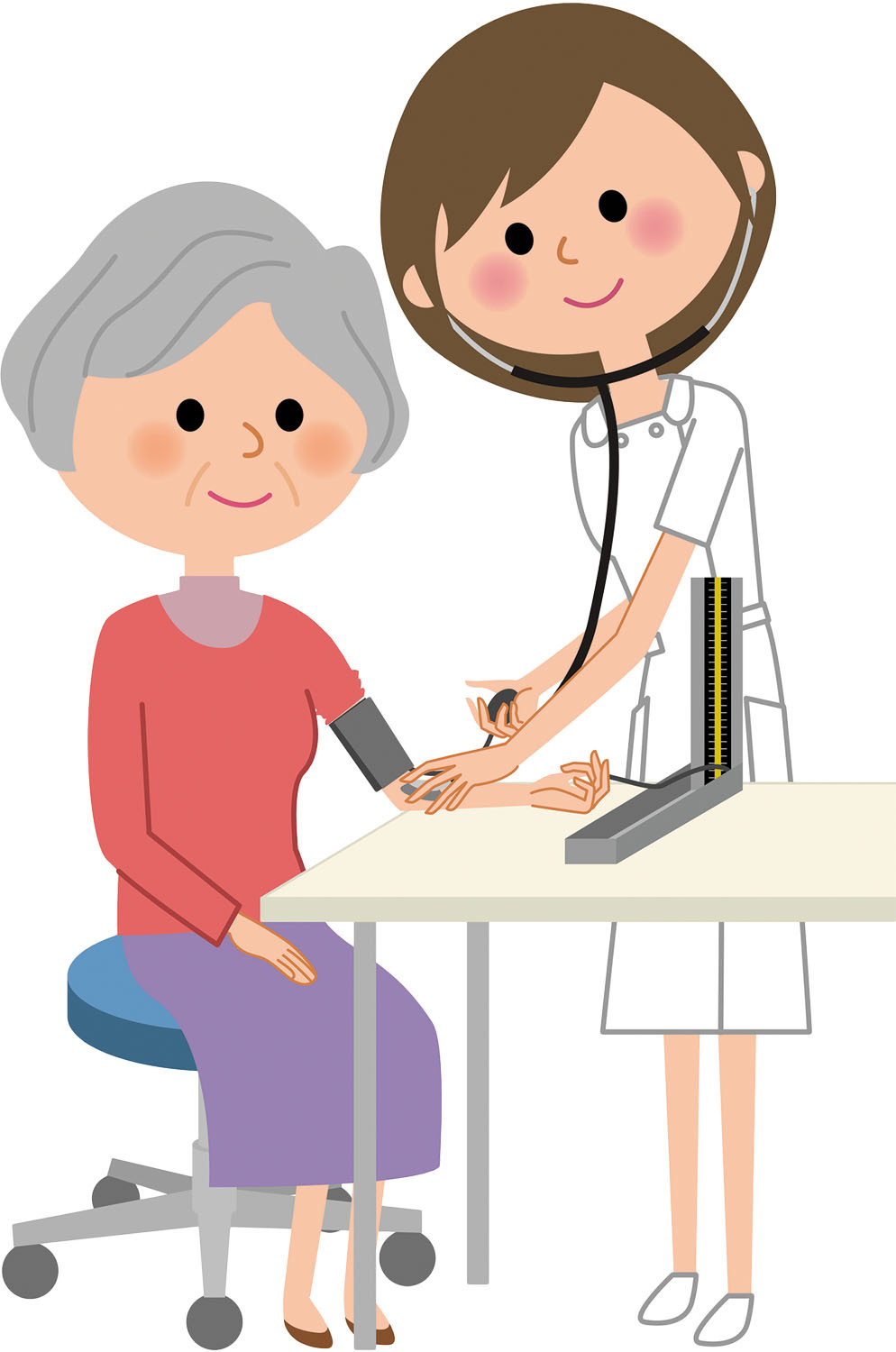 illustration of a woman with gray hair having her blood pressure taken by another woman wearing a white uniform using a stethoscope and a blood pressure cuff