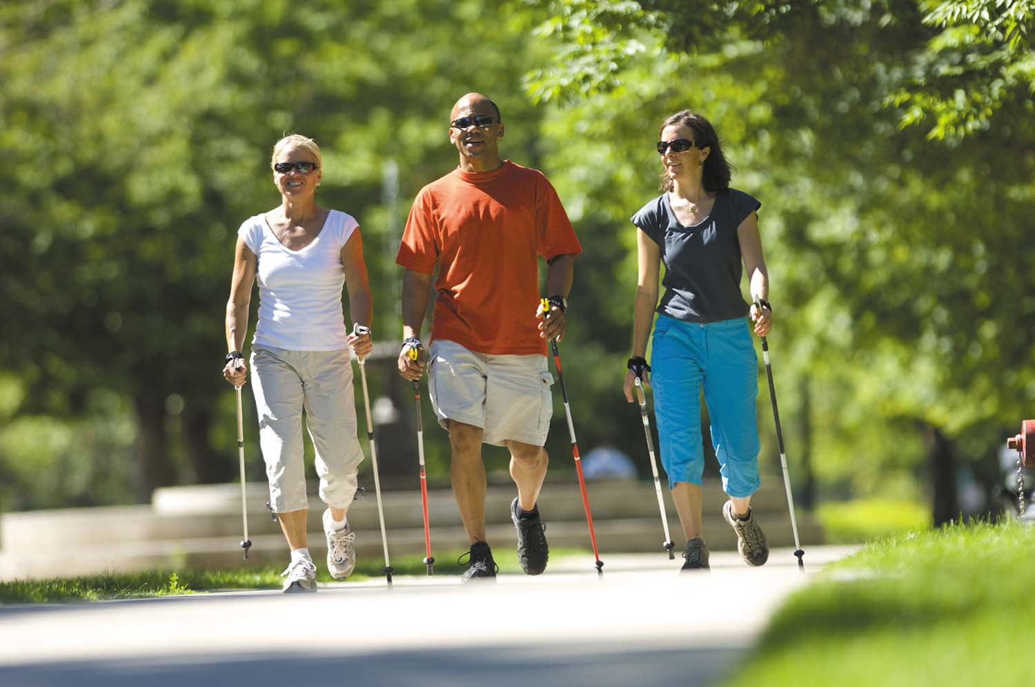 photo of a group of three people, one man and two women, doing nordic walking