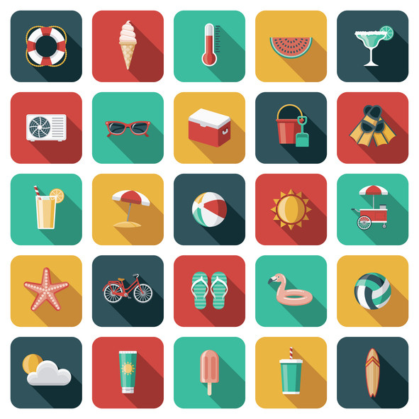 Colorful summer-themed icons (ice cream, watermelon, sunglasses, swim ring, cold drinks, etc.) pop against bright color blocks.