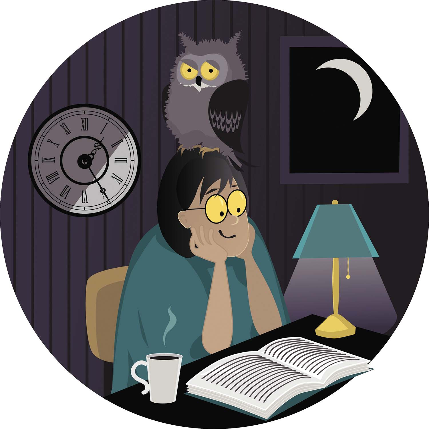 illustration of a woman reading late at night, clock behind her shows 1:25 AM and there is a crescent moon outside her window and an owl on her head