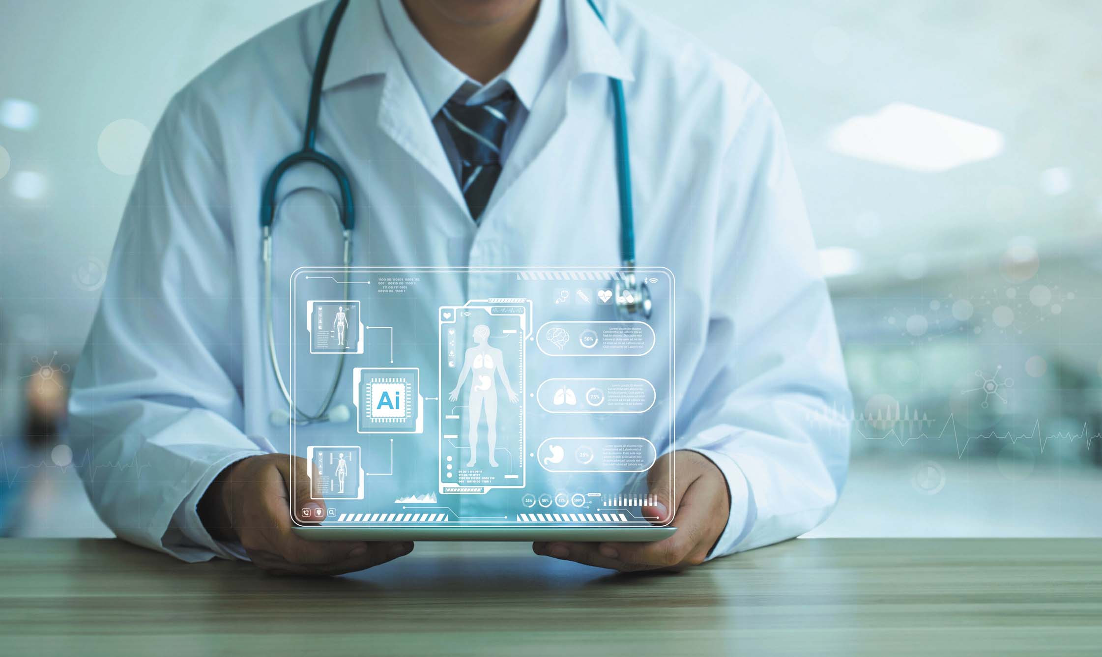 concept photo illustration showing the torso of a doctor holding a tablet, with white three-dimensional images appearing to float above it