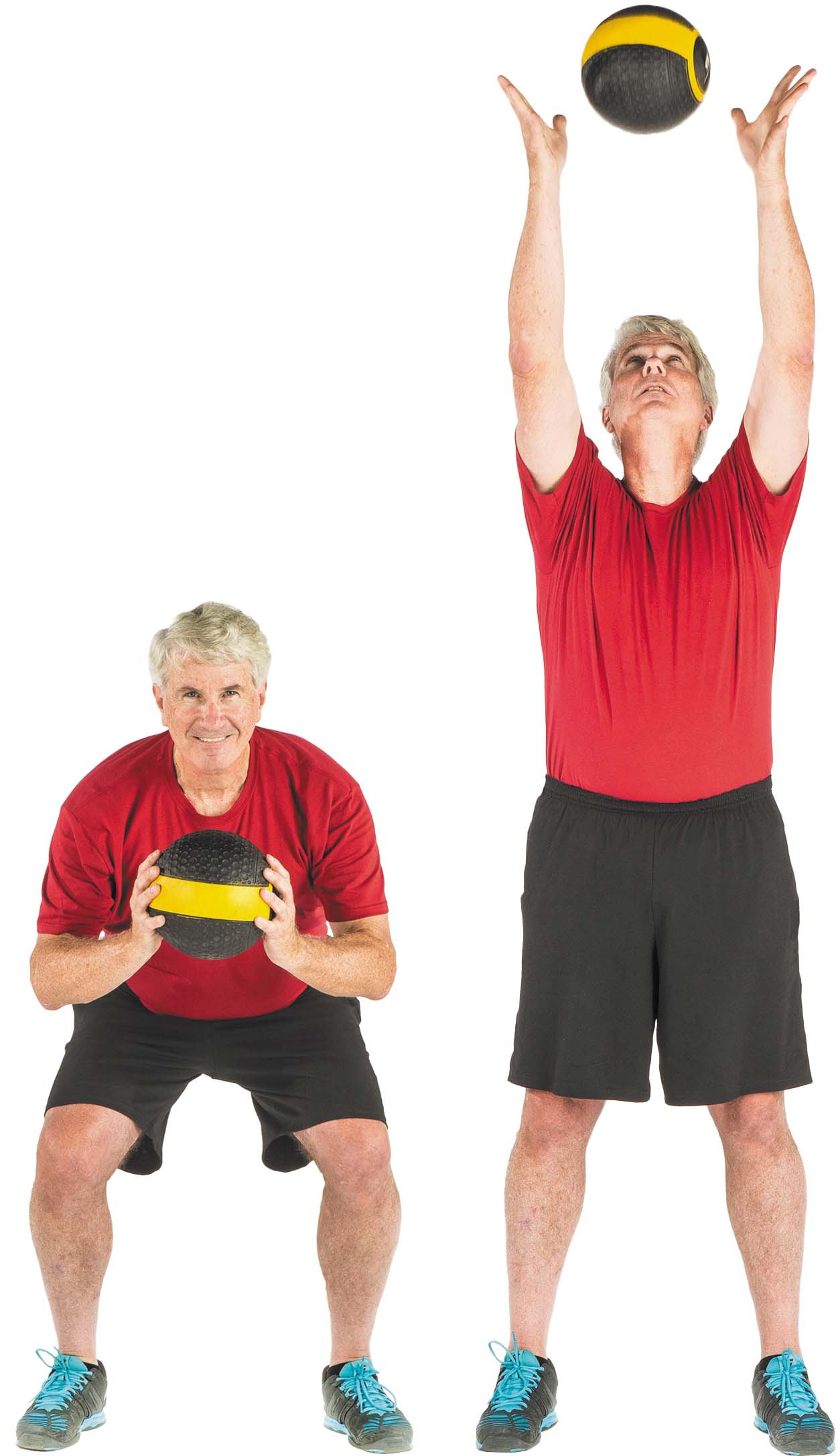 A picture of a man doing both parts of the squat and the overhead toss exercise as described in the article.