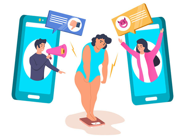 ilustracja kobiety doświadczającej zawstydzania ciała za pośrednictwem mediów społecznościowych, stoi na wadze, a po obu jej stronach są smartfony z ludźmi na ekranach experssinbg opinie o jej wadze